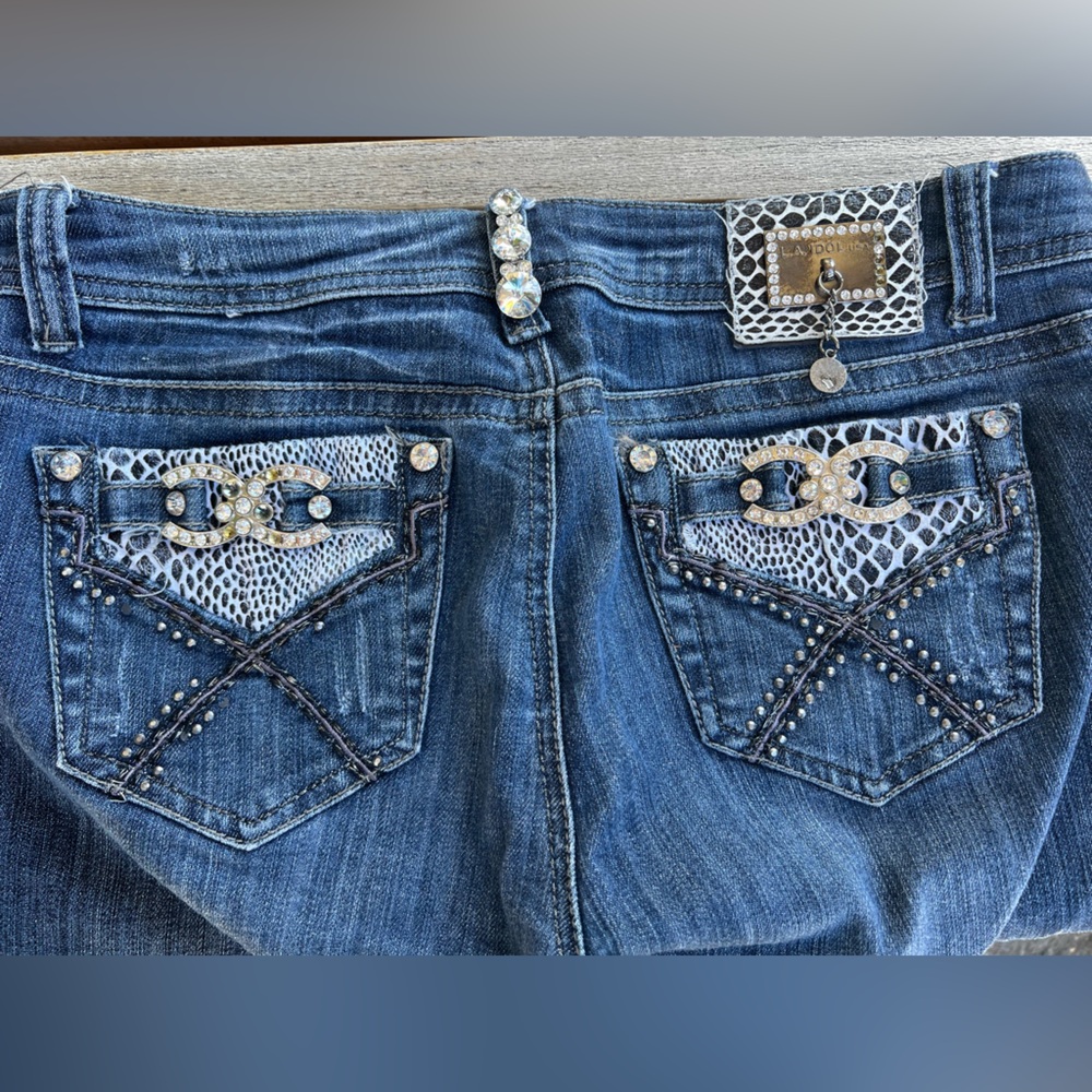 L.A. Idol Blue Embellished Jeans with Rhinestone Details